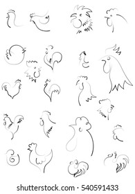Rooster, black - white icons with the image of a rooster