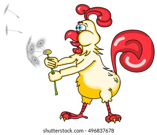 Rooster blowing on a dandelion  isolated on a white background. Vector illustration with simple gradients. All on the same layer.