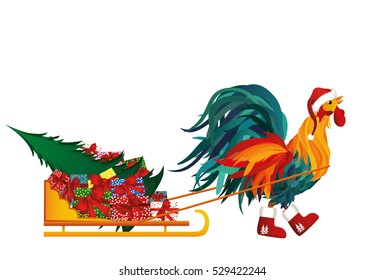 Rooster in boots and cap of Santa Claus  lucky sled with gifts and Christmas tree. Vector. Sled full of gifts. Winter  New Year holiday. Boxes of different sizes and colors. Sleigh on white background