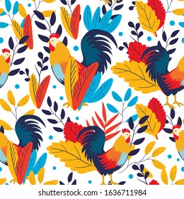 Rooster , botanical ,nature colorful fashion seamless pattern. Concept for print, cards, wallpaper, wrapping paper