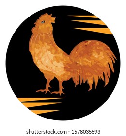 Rooster - bright coloring in grunge style - round icon isolated on white background - vector. Environmental Protection. Animal world.