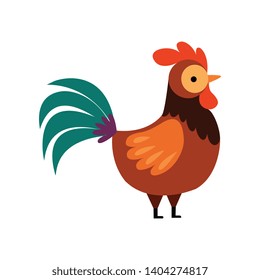 Rooster with Bright Plumage, Farm Cock, Side View, Poultry Farming Vector Illustration