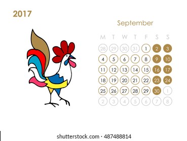 Rooster calendar 2017 for your design. September month.