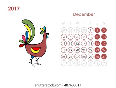 Rooster calendar 2017 for your design. December month.