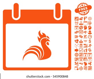Rooster Calendar Day icon with bonus calendar and time management images. Vector illustration style is flat iconic symbols, orange, white background.