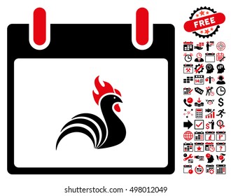 Rooster Calendar Day pictograph with bonus calendar and time management symbols. Vector illustration style is flat iconic symbols, intensive red and black, white background.