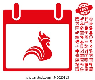 Rooster Calendar Day pictograph with bonus calendar and time management clip art. Vector illustration style is flat iconic symbols, red, white background.