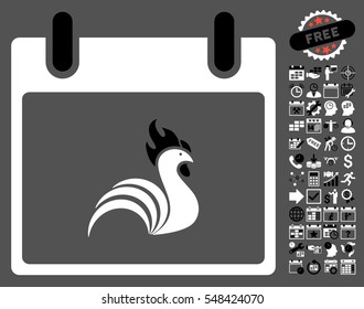 Rooster Calendar Day pictograph with bonus calendar and time management clip art. Vector illustration style is flat iconic symbols, black and white, gray background.