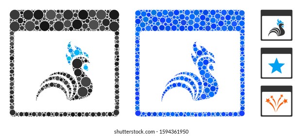 Rooster calendar page composition of round dots in various sizes and color hues, based on rooster calendar page icon. Vector round dots are combined into blue composition.
