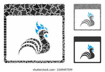 Rooster calendar page composition of rugged pieces in variable sizes and color tinges, based on rooster calendar page icon. Vector ragged pieces are grouped into composition.