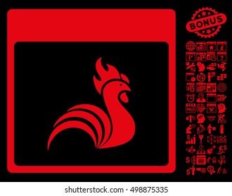 Rooster Calendar Page icon with bonus calendar and time management clip art. Vector illustration style is flat iconic symbols, red, black background.