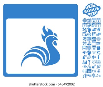 Rooster Calendar Page icon with bonus calendar and time management pictograms. Vector illustration style is flat iconic symbols, cobalt, white background.