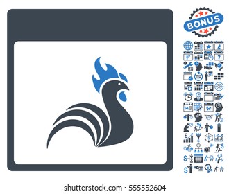 Rooster Calendar Page icon with bonus calendar and time management graphic icons. Vector illustration style is flat iconic symbols, smooth blue, white background.