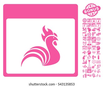 Rooster Calendar Page pictograph with bonus calendar and time management pictures. Vector illustration style is flat iconic symbols, pink, white background.