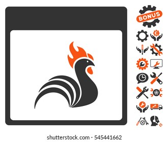 Rooster Calendar Page pictograph with bonus settings design elements. Vector illustration style is flat iconic symbols, orange and gray, white background.