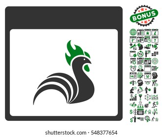 Rooster Calendar Page pictograph with bonus calendar and time management symbols. Vector illustration style is flat iconic symbols, green and gray, white background.