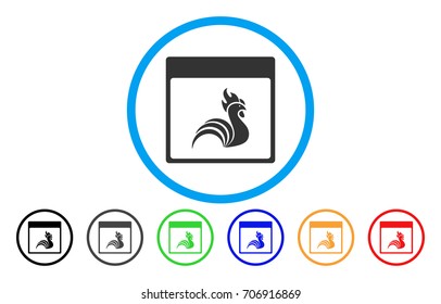 Rooster Calendar Page vector rounded icon. Image style is a flat gray icon symbol inside a blue circle. Additional color variants are gray, black, blue, green, red, orange.