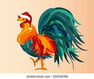 Rooster in a cap of Santa Claus.  Christmas. Vector. Colorful rainbow. Symbol 2017. Profile Cockerel on a pink  background
