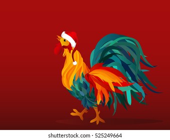 Rooster in a cap of Santa Claus. Vector. Colorful rainbow. Symbol 2017. Blank space for advertising. Isolated Cockerel on a red background 