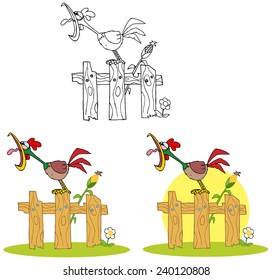 Rooster Cartoon Character Crowing Stepped On The Fence. Vector Collection Set