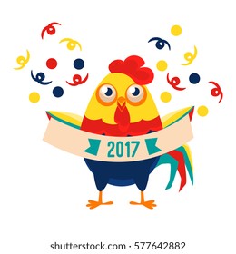 Rooster Cartoon Character Holding Festive Banner With Confetti Falling Around,Cock Representing Chinese Zodiac Symbol Of New Year 2017