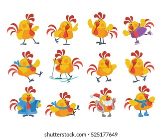 Rooster cartoon character icons. Cute cock dancing, skiing, skating, dressed in a Santa costume isolated flat vectors set. Chinese zodiac calendar animal. For New Year greeting card, xmas invitation