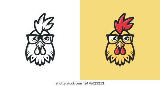 Rooster Cartoon Character Logo Design. Vector Illustration of a Rooster Mascot Wearing Glasses.