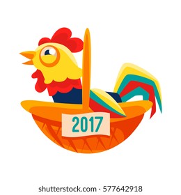 Rooster Cartoon Character Sitting In Wicker Basket,Cock Representing Chinese Zodiac Symbol Of New Year 2017
