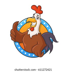 Rooster cartoon mascot vector illustration. Happy cock is coming out of a circle with stars and showing thumbs up.