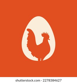 A rooster carved in a egg. Egg with chicken for Easter on orange background. Simple illustration in a minimalist style for cards, decorations, banners, poster.