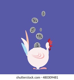 Rooster ceramic money box with one dollar coins. Rooster bank, symbol of Chinese New Year 2017. Vector illustration in flat style