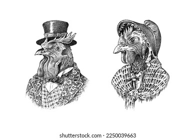 Rooster character in a hat. Chicken with a scarf. Fashionable Aristocrat or Rich Man. Hand drawn cockerel. Engraved old monochrome sketch.