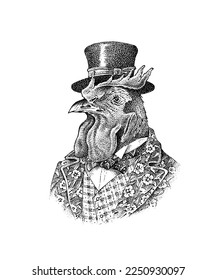 Carácter de gallo con sombrero. Aristócrata de moda o hombre rico. Gallo dibujado a mano. Esbozo antiguo monocromo grabado.