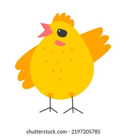 Rooster character, isolated small chicken with funny expression on muzzle. Cute personage on thin legs. Chick natural habitat, spring season and easter holiday celebration. Vector in flat style