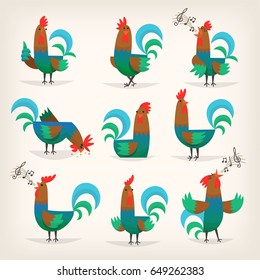 Rooster character from many fairy tales for children. Male chicken in different poses for greeting cards or posters in child's room