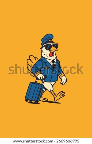 Rooster character in pilot uniform with suitcase.