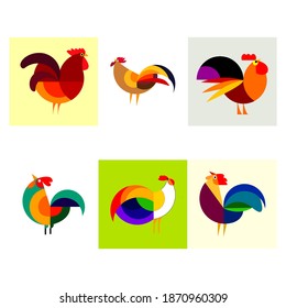 Rooster character set logo vector illustration. Geometric shapes animal illustration.