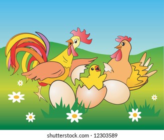 Rooster chicken and cake in a spring meadow. Vector illustration.