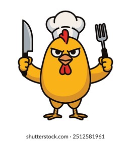 Rooster chicken chef with knife and fork cartoon illustration