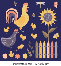 Rooster with chicken and chickens on the dark blue background