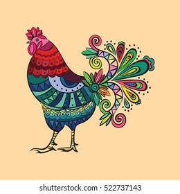 Rooster, chicken, cock with  ornament. Can be used as a greeting card for the year of rooster.