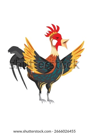 Rooster Chicken Crowing Carton Illustration. Adult Fighting Cock. Editable Clip Art.