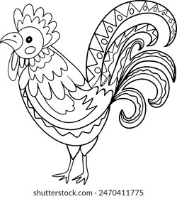 Hahn, Huhn, heimischer Bauer Vogel. Handgezeichneter Hahn für Anti-Stress Coloring Seite mit hohen Details