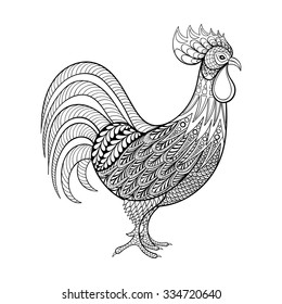 Rooster, Chicken, domestic farmer Bird for Coloring pages, zentangle illustration for adult anti stress Coloring books or tattoos with high details isolated on white background. Vector bird sketch.