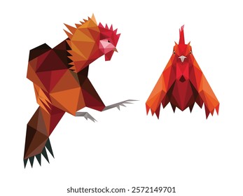 Rooster chicken head face icon in polygonal low poly vector. Triangle abstract vector of rooster head. Vector illustration of fighting angry rooster. Chinese Zodiac angry rooster polygon