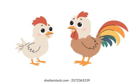 Rooster and chicken isolated on white background. Cute cartoon vector illustration.