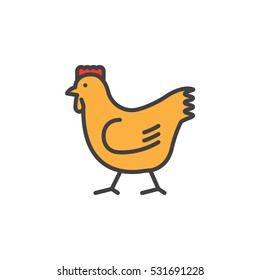 Rooster, icono de línea de pollo, símbolo vectorial de contorno relleno, pictograma de color lineal aislado en blanco. Símbolo, ilustración de logotipo
