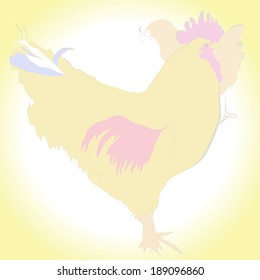Rooster and chicken on a poultry yard on a light gradient background.