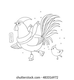 Rooster and chicken on skates. freehand drawn cartoon cock. isolated objects on white background. Vector illustration. Symbol of New Year 2017.