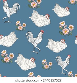 Rooster and chicken realistic seamless illustration and delicate bouquet of flowers. Poultry farm pattern Print for wrapping paper. textiles, preparation for designers